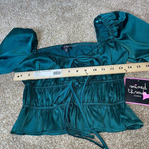 Mixed Threads blouse top Long Sleeve Textured Satin Emarald green puff sleeve SM - Picture 6 of 11